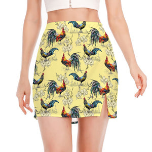 Rooster And Flower Pattern Print Side Slit Mini Skirt