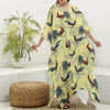 Rooster And Flower Pattern Print Silk V-Neck Kaftan Dress