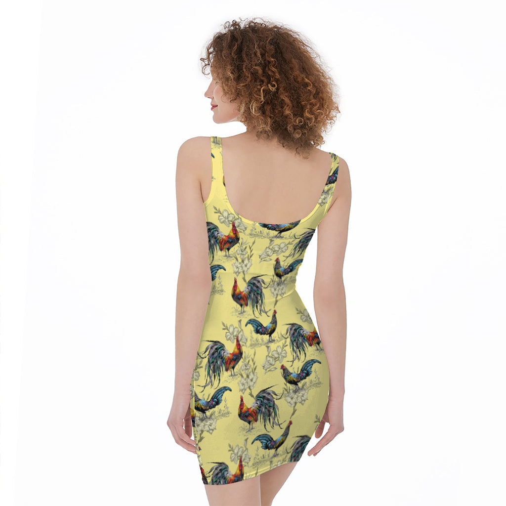 Rooster And Flower Pattern Print Sleeveless Bodycon Dress