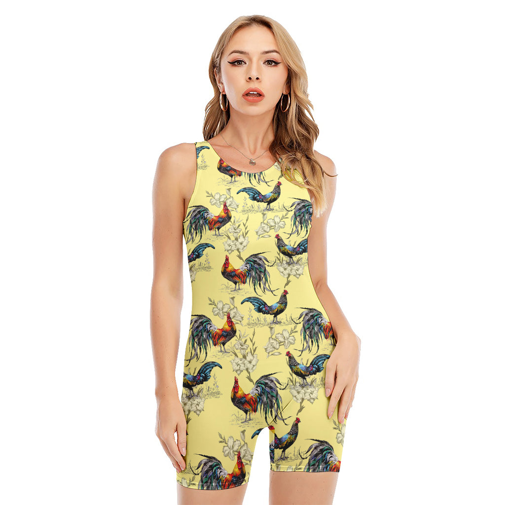 Rooster And Flower Pattern Print Sleeveless One Piece Swimsuit