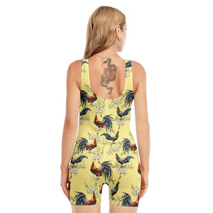 Rooster And Flower Pattern Print Sleeveless One Piece Swimsuit