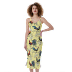 Rooster And Flower Pattern Print Slim Fit Midi Cami Dress