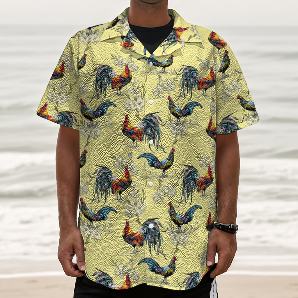 Rooster And Flower Pattern Print Textured Short Sleeve Shirt