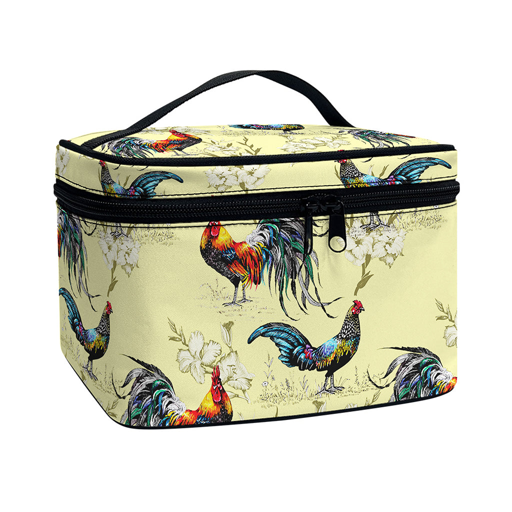 Rooster And Flower Pattern Print Travel Makeup Bag