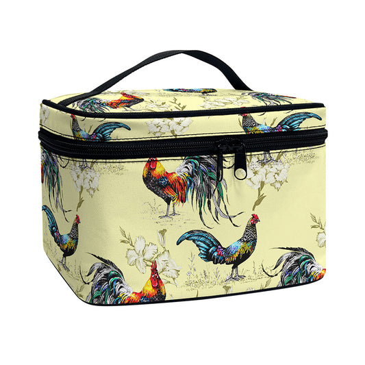 Rooster And Flower Pattern Print Travel Makeup Bag
