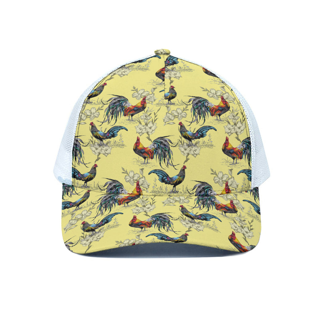 Rooster And Flower Pattern Print White Mesh Trucker Cap