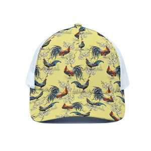 Rooster And Flower Pattern Print White Mesh Trucker Cap