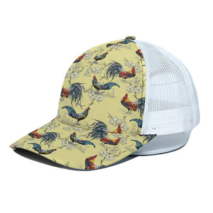 Rooster And Flower Pattern Print White Mesh Trucker Cap