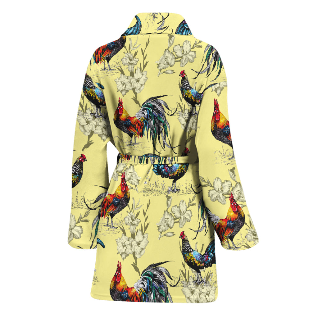 Rooster And Flower Pattern Print Women's Bathrobe