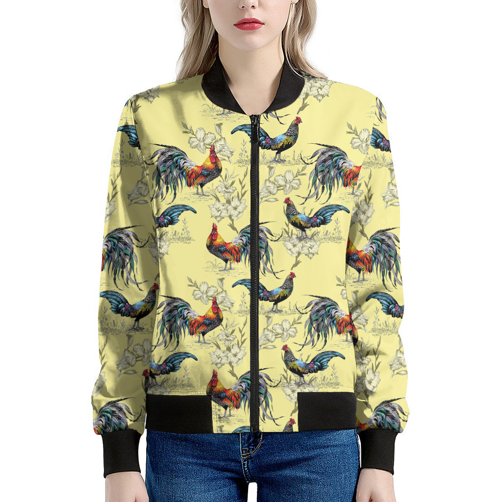 Rooster And Flower Pattern Print Women's Bomber Jacket