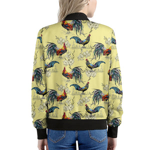 Rooster And Flower Pattern Print Women's Bomber Jacket