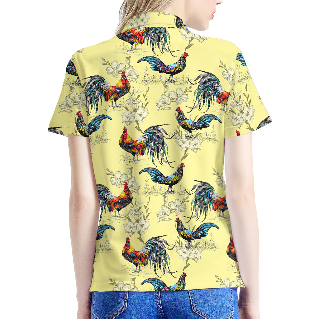 Rooster And Flower Pattern Print Women's Polo Shirt