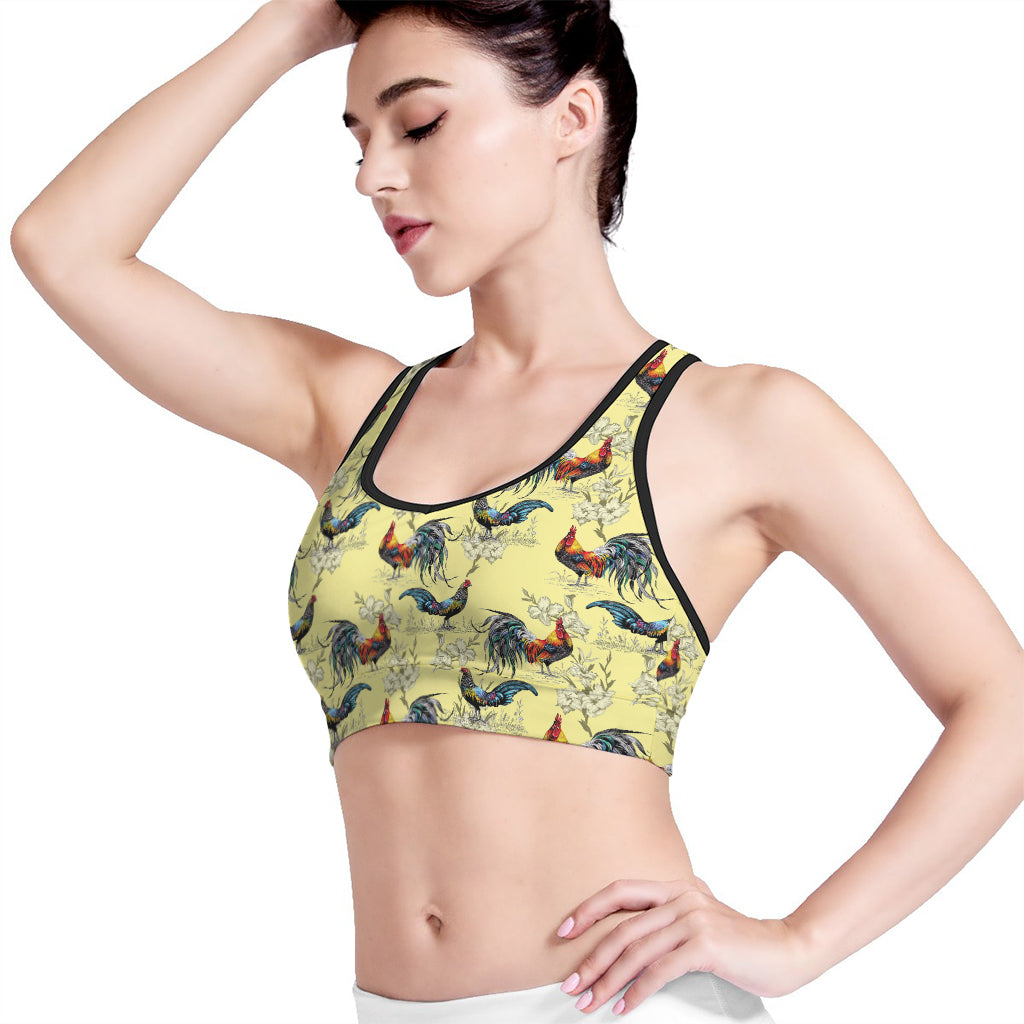 Rooster And Flower Pattern Print Women's Sports Bra