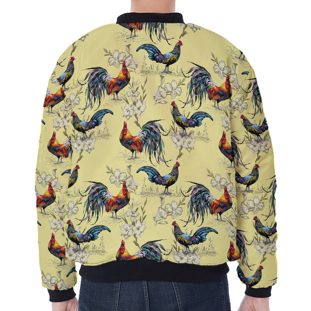 Rooster And Flower Pattern Print Zip Sleeve Bomber Jacket