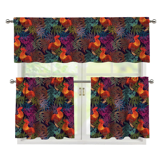 Rooster And Rowan Pattern Print 3 Piece Kitchen Curtains