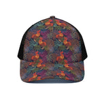 Rooster And Rowan Pattern Print Black Mesh Trucker Cap