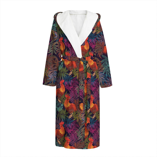 Rooster And Rowan Pattern Print Hooded Bathrobe