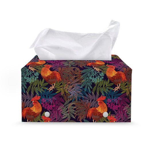 Rooster And Rowan Pattern Print Leather Tissue Box Cover