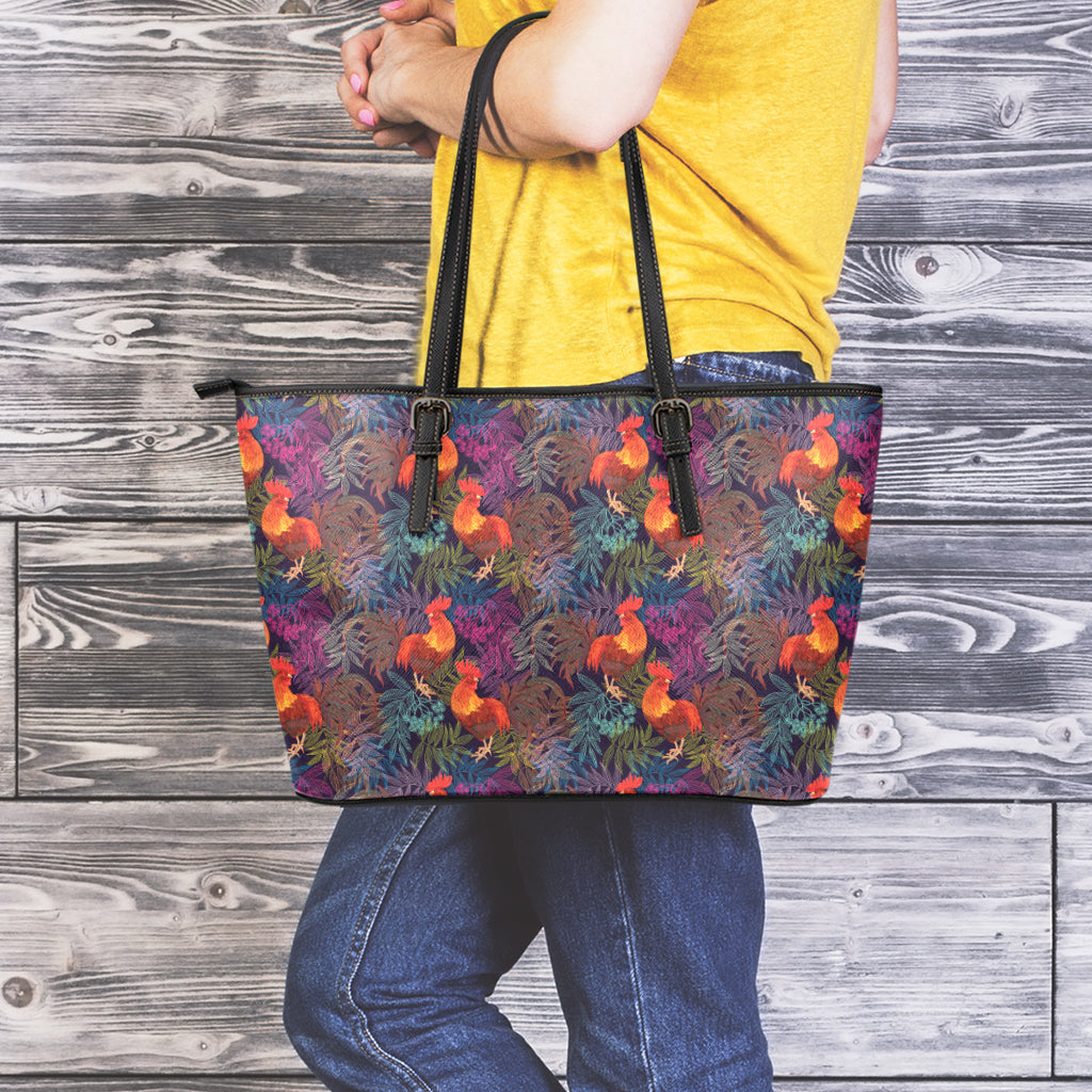 Rooster And Rowan Pattern Print Leather Tote Bag