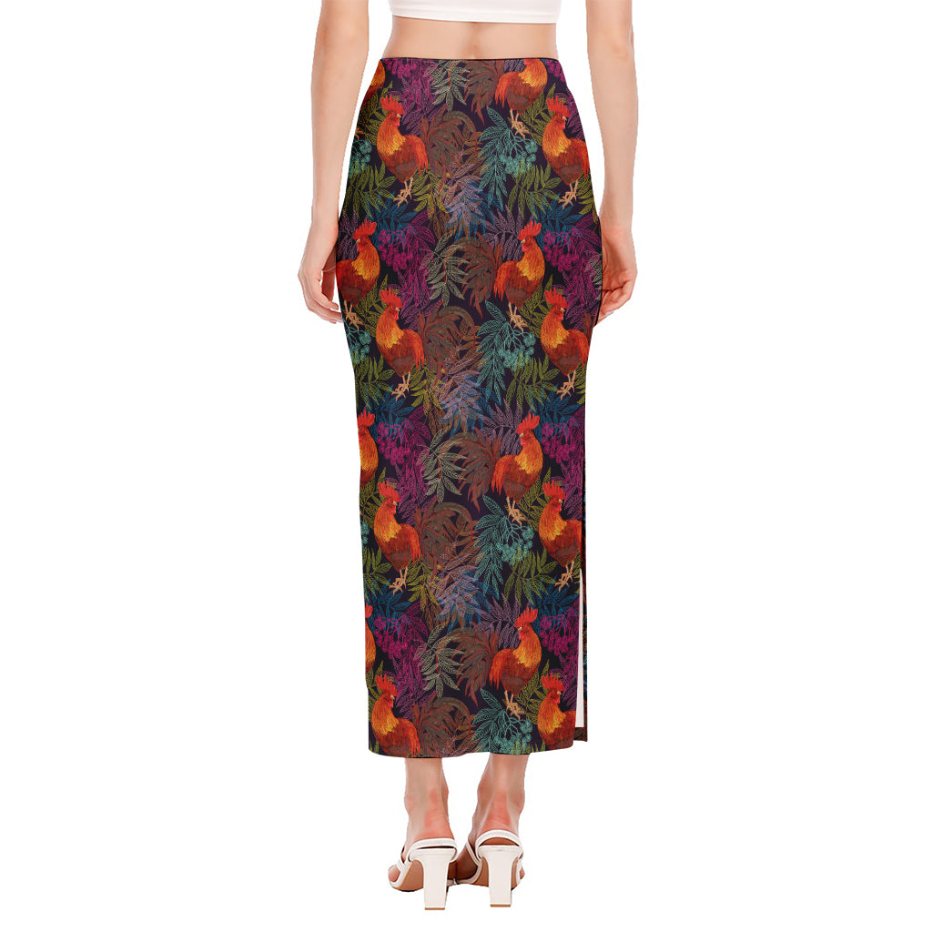 Rooster And Rowan Pattern Print Side Slit Maxi Skirt