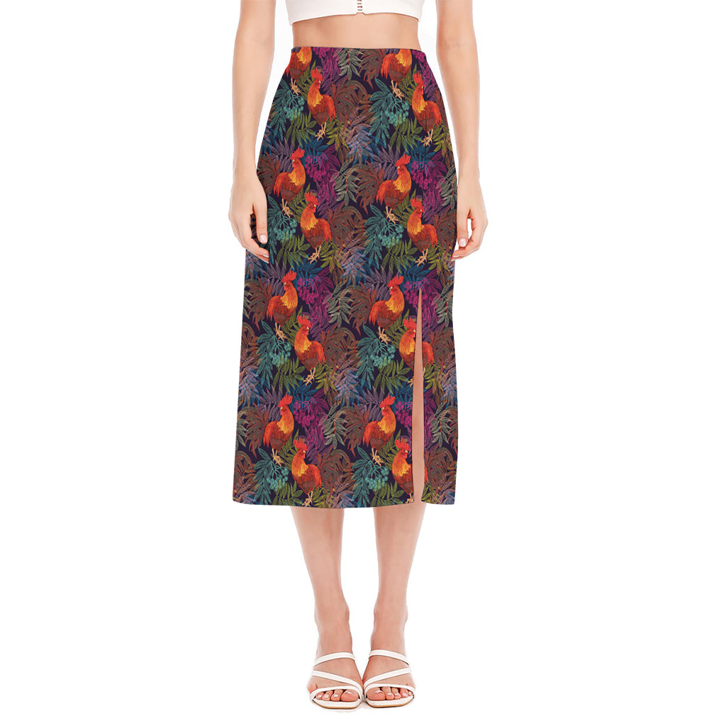 Rooster And Rowan Pattern Print Side Slit Midi Skirt