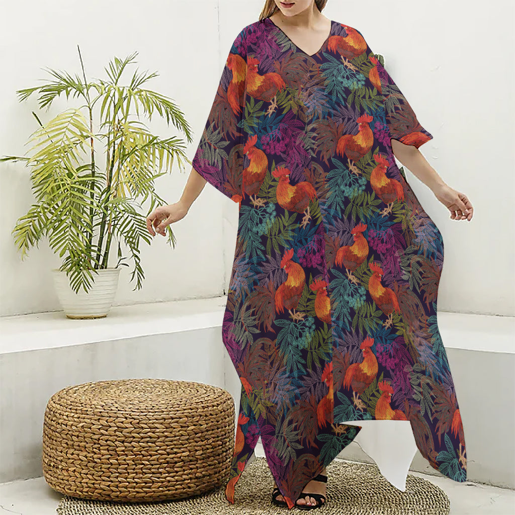 Rooster And Rowan Pattern Print Silk V-Neck Kaftan Dress