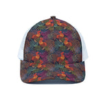 Rooster And Rowan Pattern Print White Mesh Trucker Cap