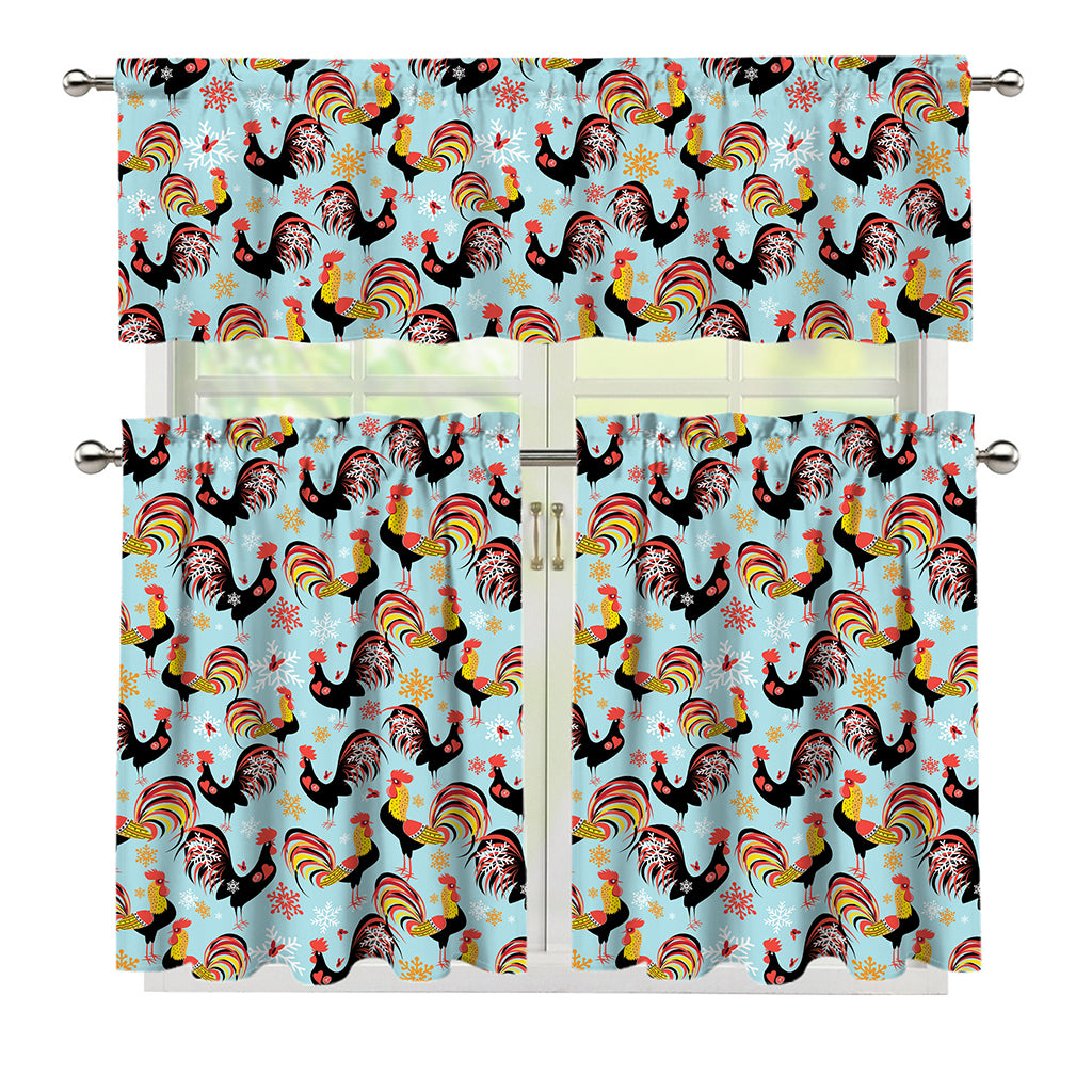 Rooster And Snowflake Pattern Print 3 Piece Kitchen Curtains
