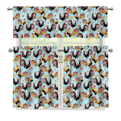 Rooster And Snowflake Pattern Print 3 Piece Kitchen Curtains