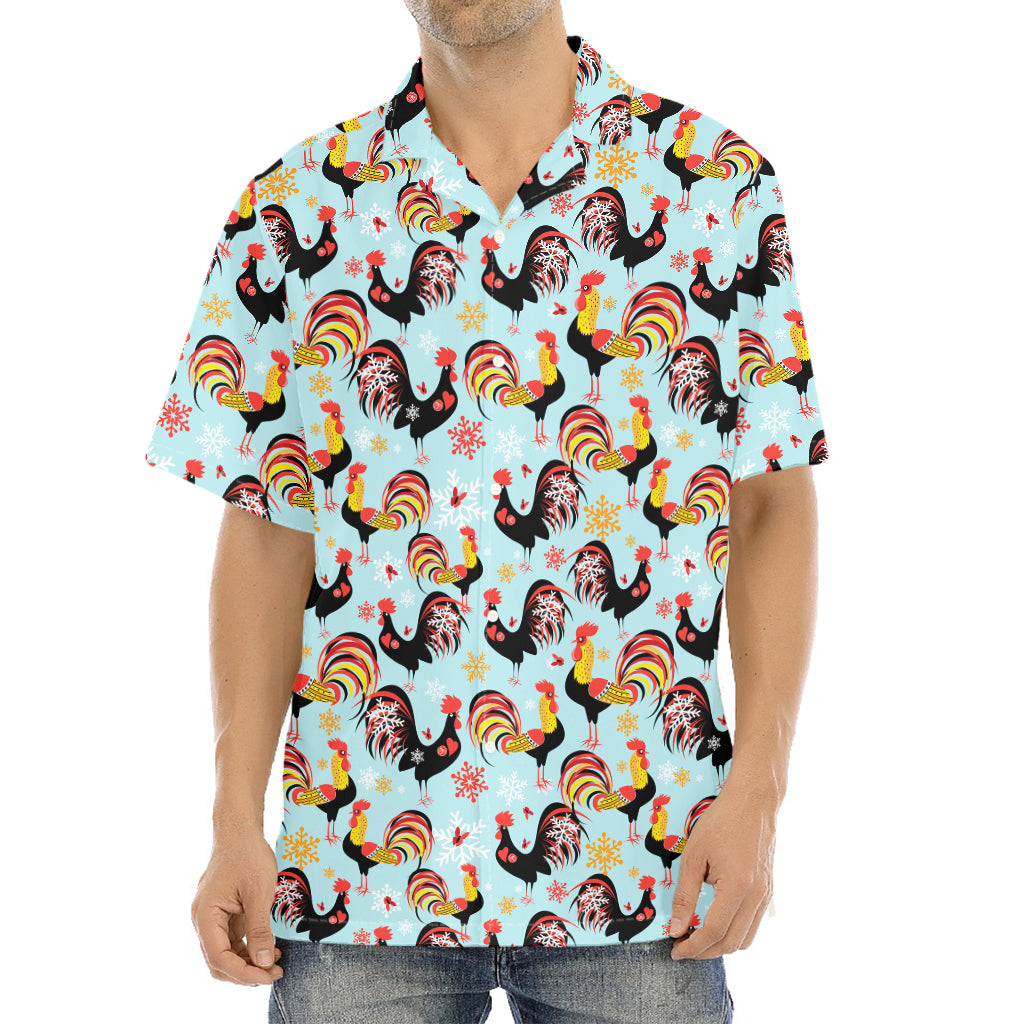 Rooster And Snowflake Pattern Print Aloha Shirt