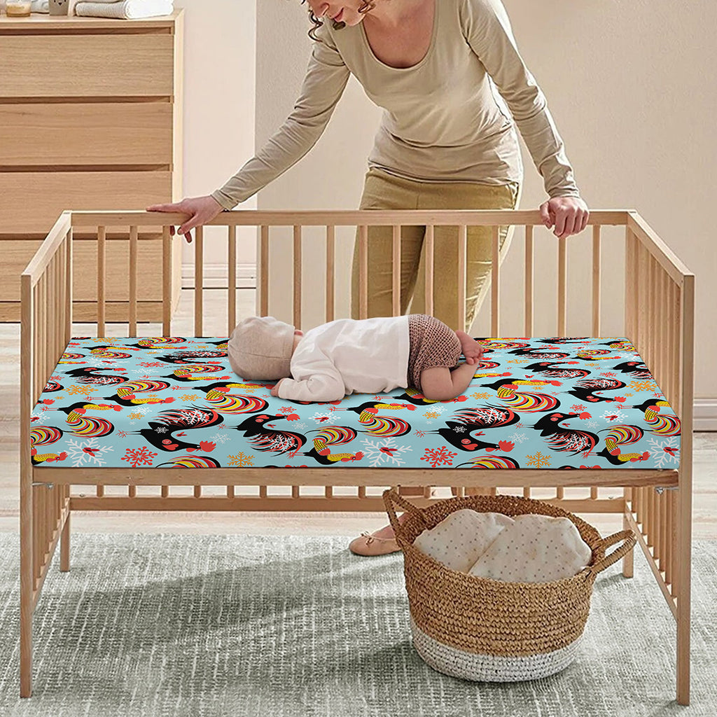 Rooster And Snowflake Pattern Print Baby Crib Sheet