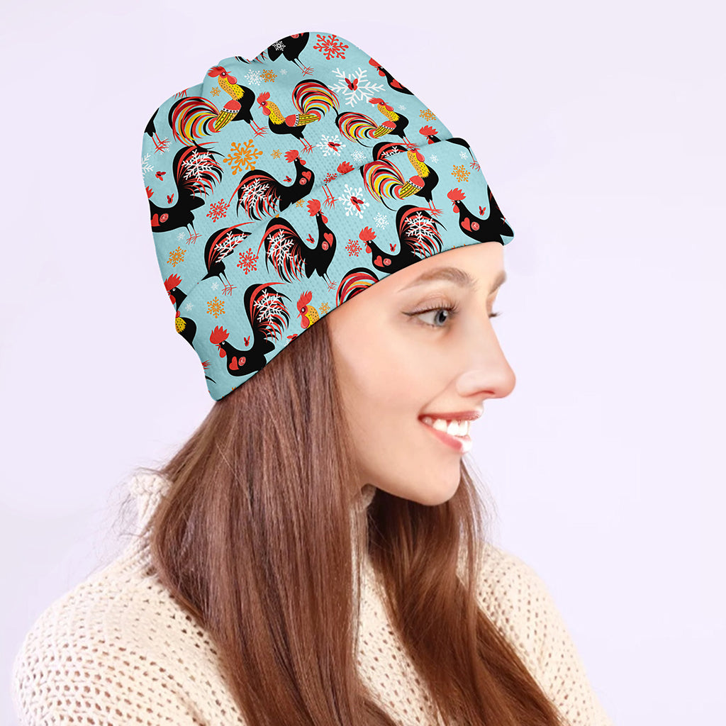 Rooster And Snowflake Pattern Print Beanie