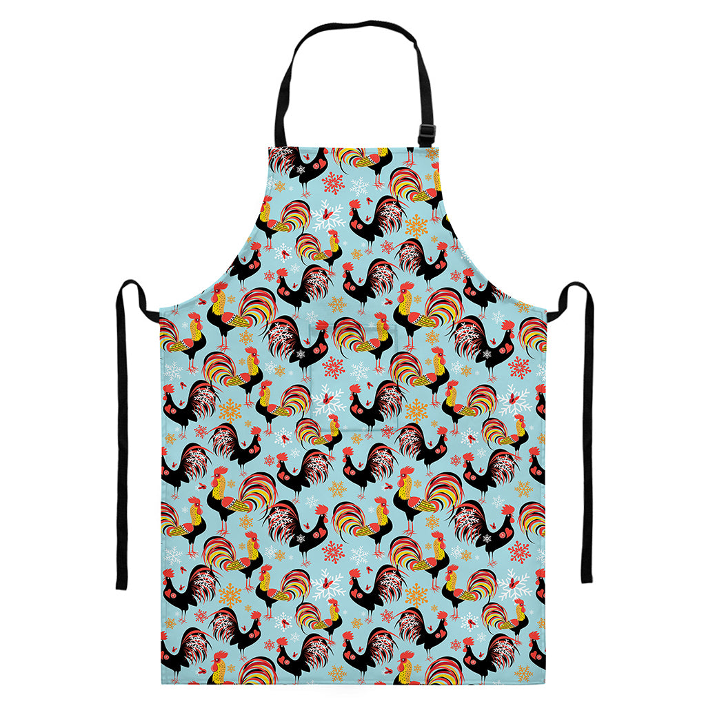 Rooster And Snowflake Pattern Print Bib Apron With Pocket