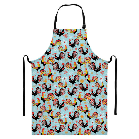 Rooster And Snowflake Pattern Print Bib Apron With Pocket