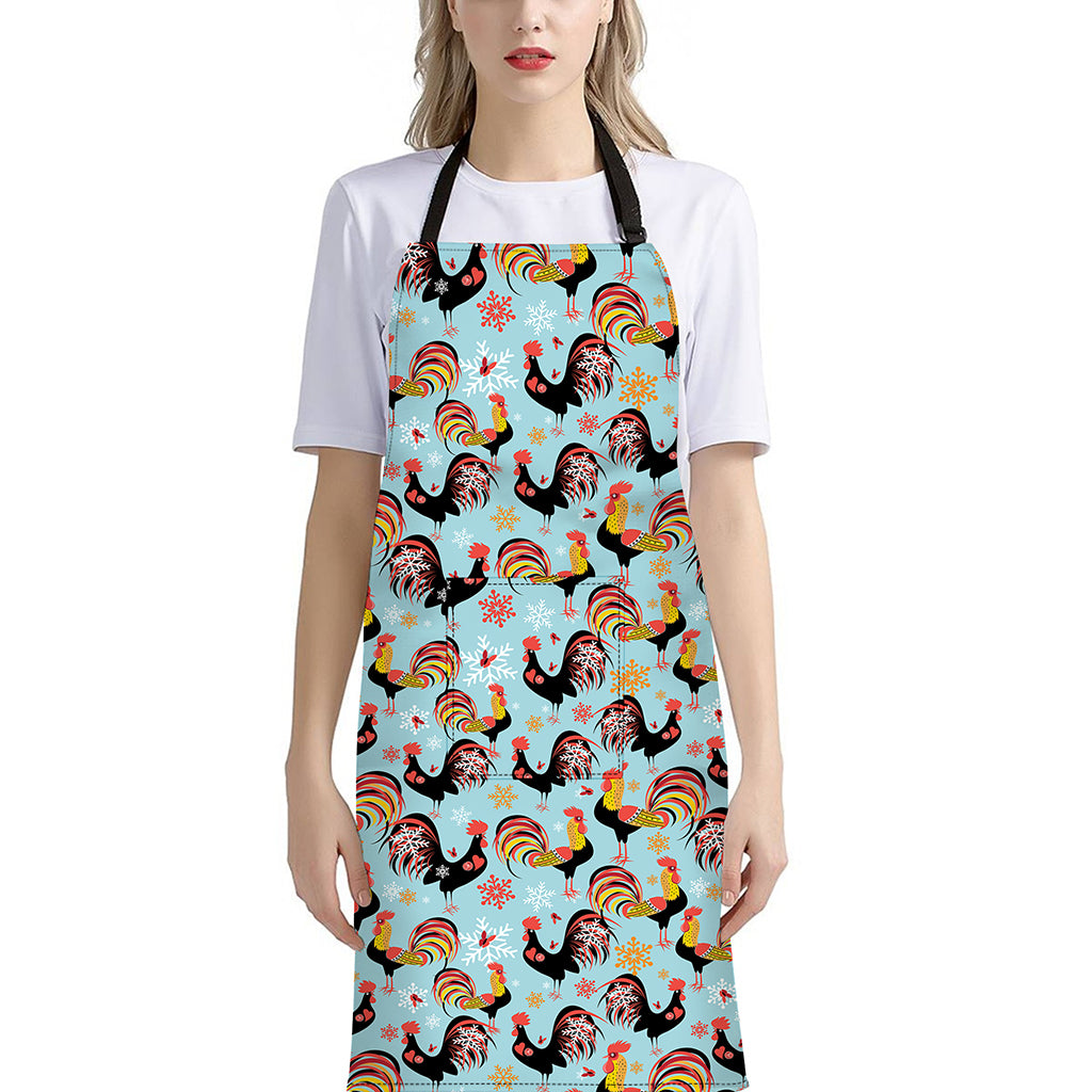 Rooster And Snowflake Pattern Print Bib Apron With Pocket