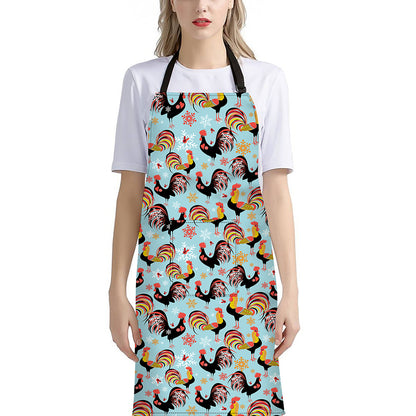 Rooster And Snowflake Pattern Print Bib Apron With Pocket