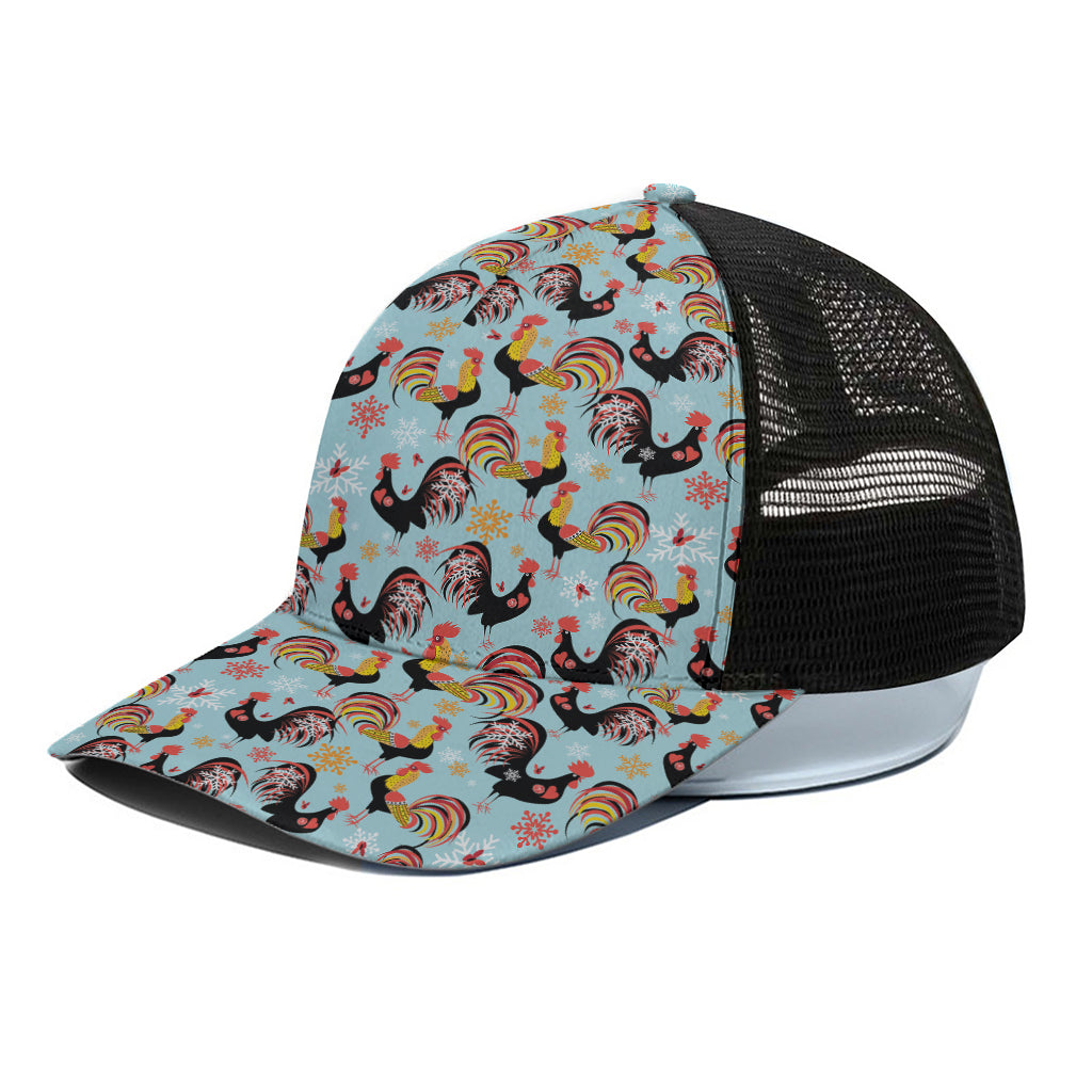 Rooster And Snowflake Pattern Print Black Mesh Trucker Cap