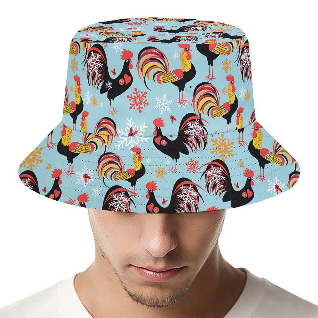 Rooster And Snowflake Pattern Print Bucket Hat