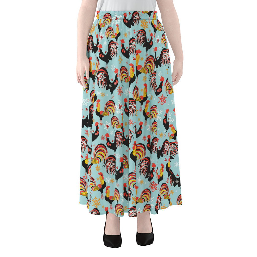 Rooster And Snowflake Pattern Print Chiffon Maxi Skirt