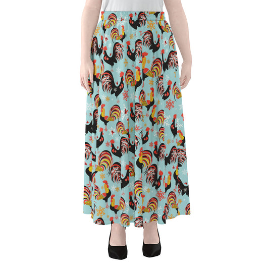 Rooster And Snowflake Pattern Print Chiffon Maxi Skirt