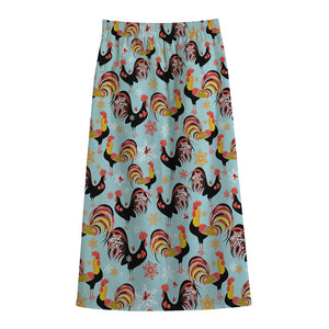 Rooster And Snowflake Pattern Print Cotton Front Slit Maxi Skirt