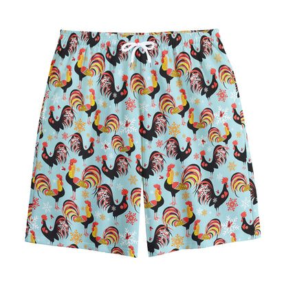 Rooster And Snowflake Pattern Print Cotton Shorts