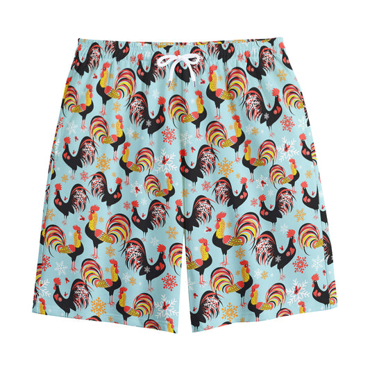 Rooster And Snowflake Pattern Print Cotton Shorts