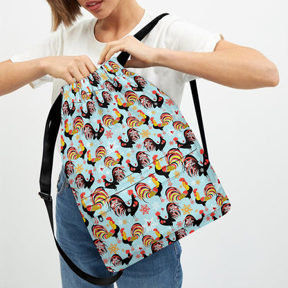 Rooster And Snowflake Pattern Print Drawstring Backpack