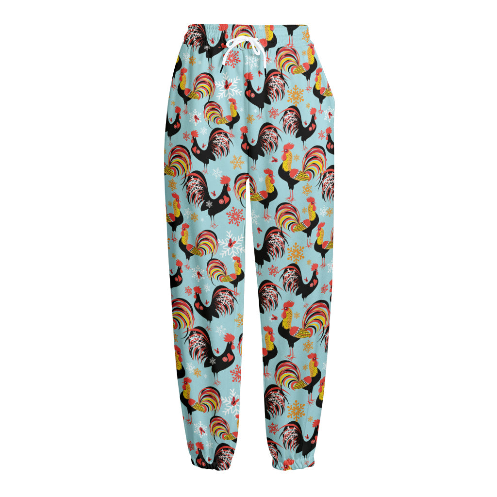 Rooster And Snowflake Pattern Print Fleece Lined Knit Pants