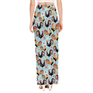 Rooster And Snowflake Pattern Print High Slit Maxi Skirt