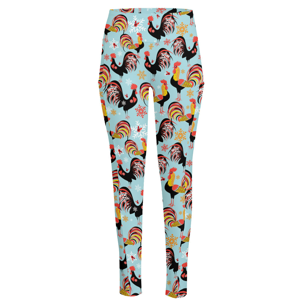 Rooster And Snowflake Pattern Print High-Waisted Pocket Leggings