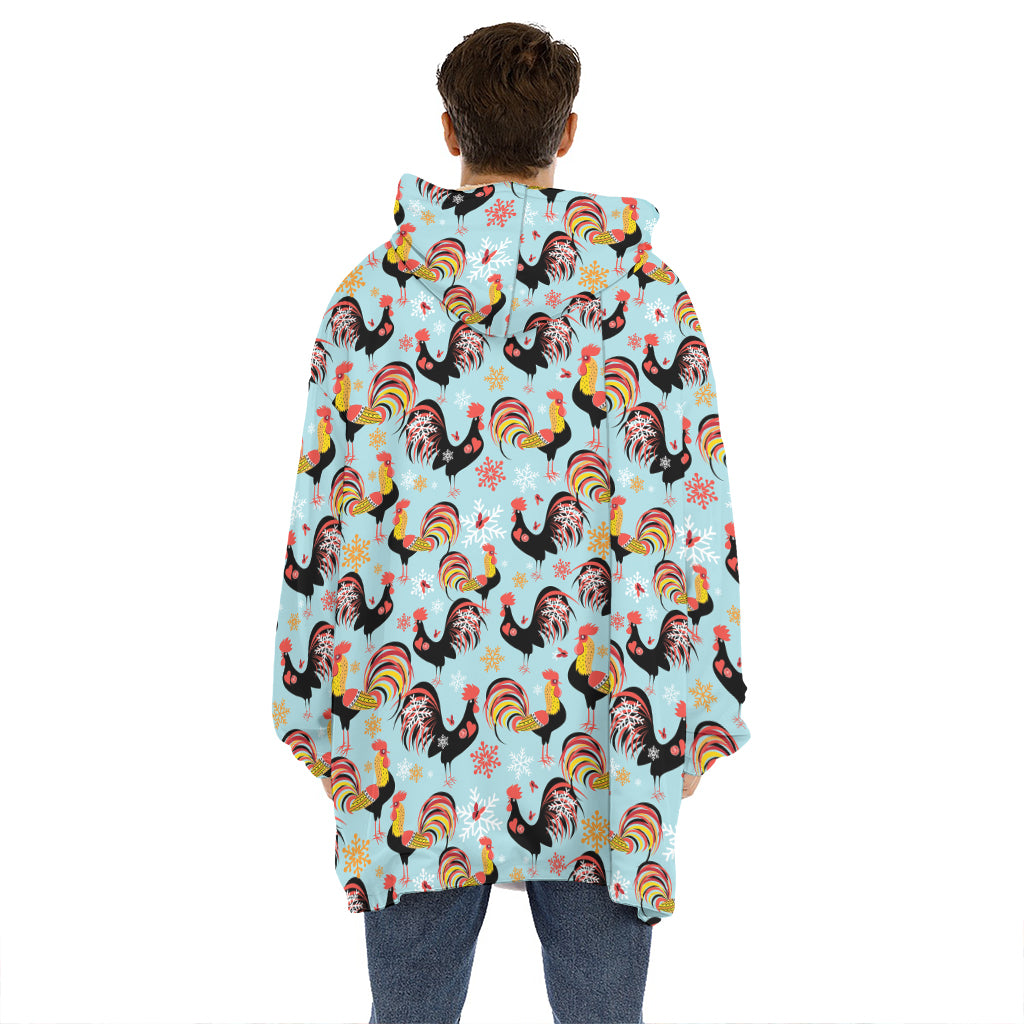 Rooster And Snowflake Pattern Print Hoodie Blanket
