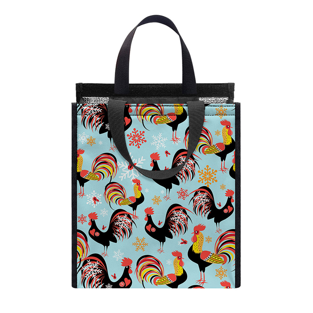 Rooster And Snowflake Pattern Print Insulated Lunch Tote