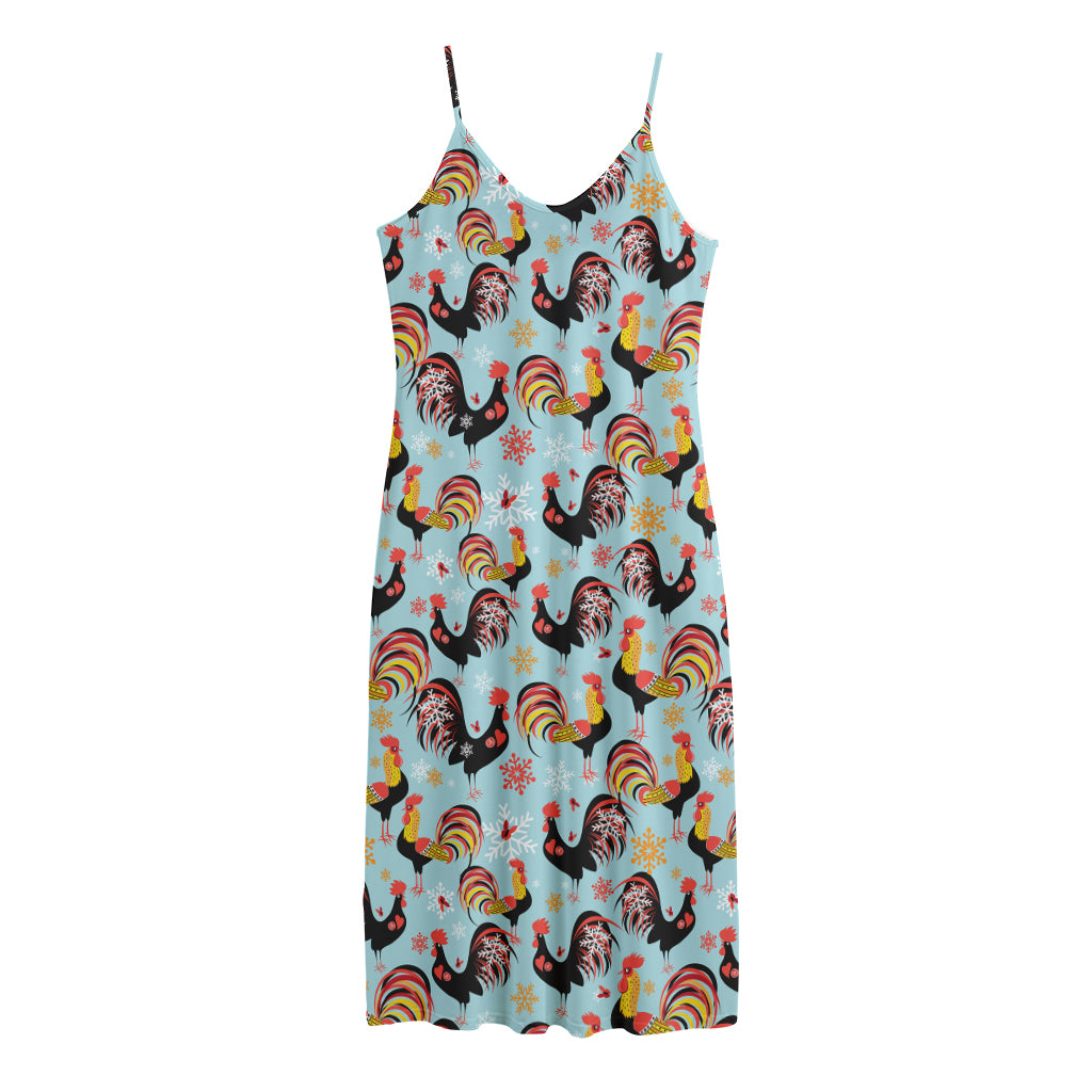 Rooster And Snowflake Pattern Print Jersey Midi Cami Dress